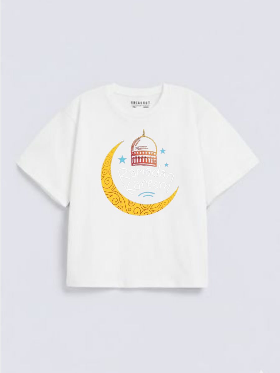 Boys Ramadan Kareem Crescent Lantern Graphic Down Shoulder T-shirt for Ramadan Celebration