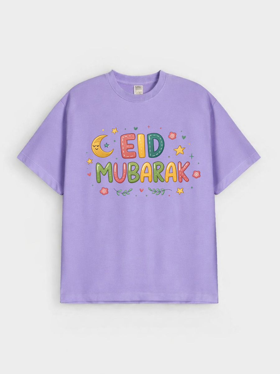 Girls Eid Mubarak Colorful Moon Graphic Down Shoulder T-shirt for Eid Celebration