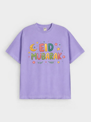 Girls Eid Mubarak Colorful Moon Graphic Down Shoulder T-shirt for Eid Celebration