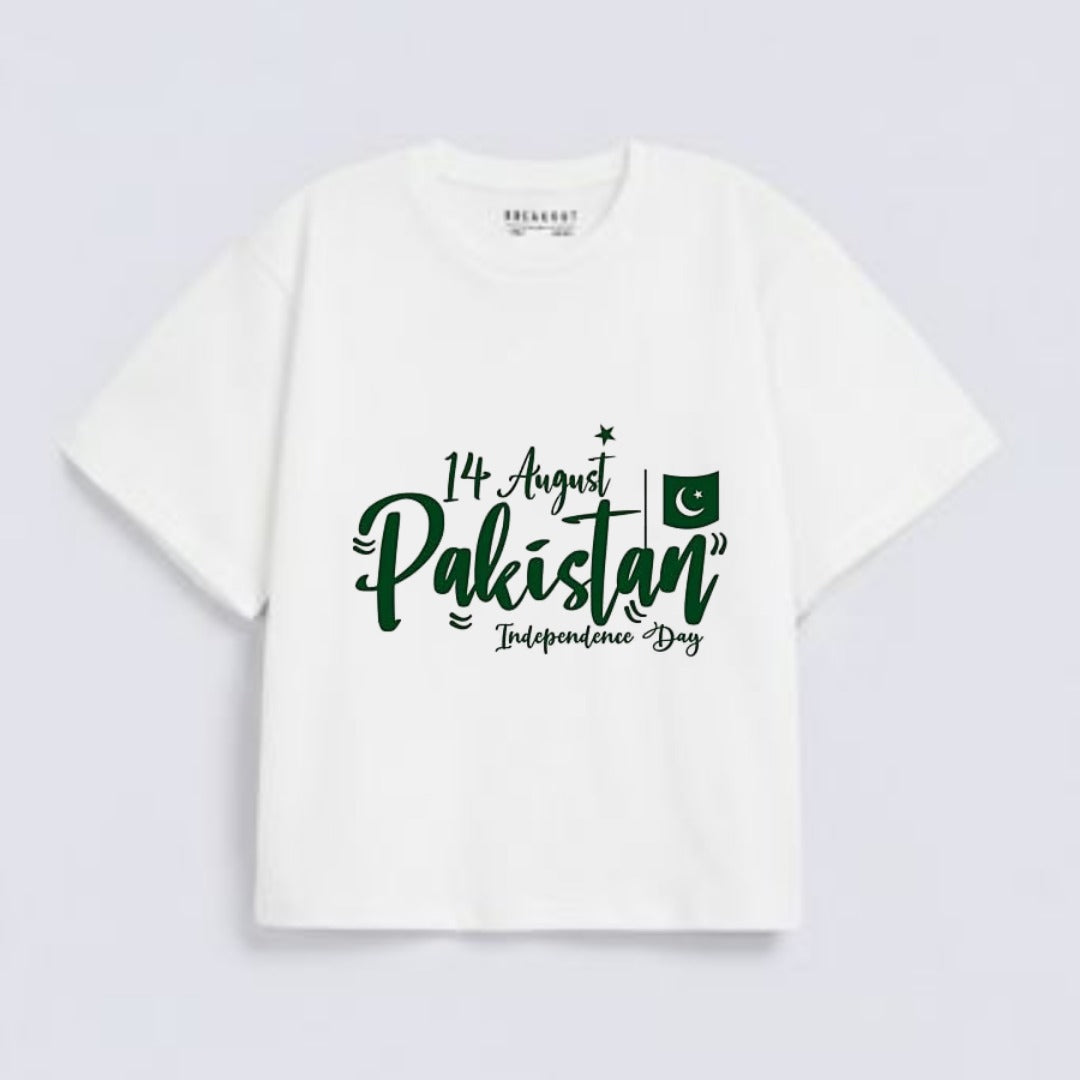 White Pakistan Independence Day Print Downshoulder T-Shirt (AZADI)