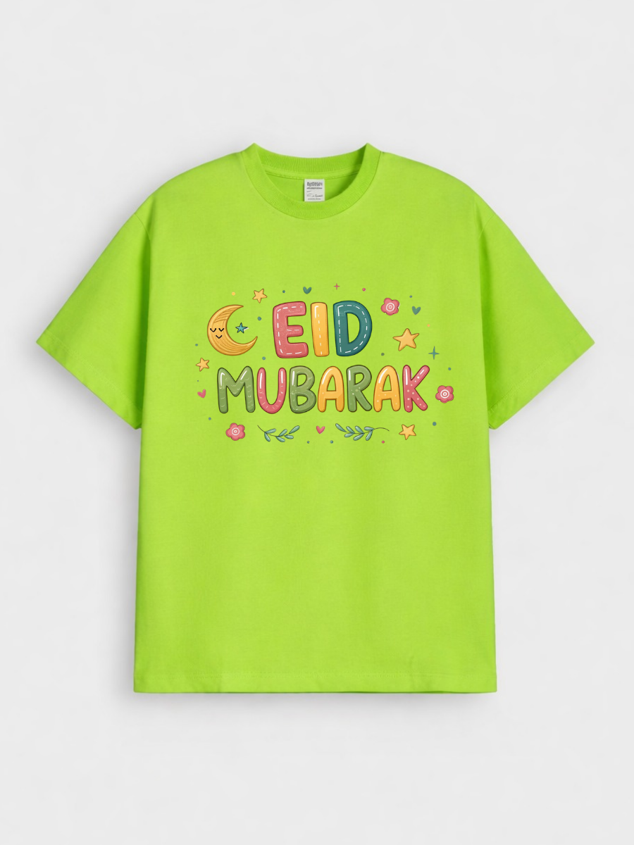 Girls Eid Mubarak Colorful Moon Graphic Down Shoulder T-shirt for Eid Celebration
