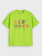 Girls Eid Mubarak Colorful Moon Graphic Down Shoulder T-shirt for Eid Celebration