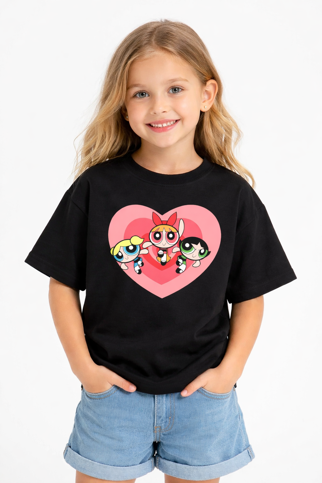 Girls Cartoon Super Sisters Black Down Shoulder T-shirt