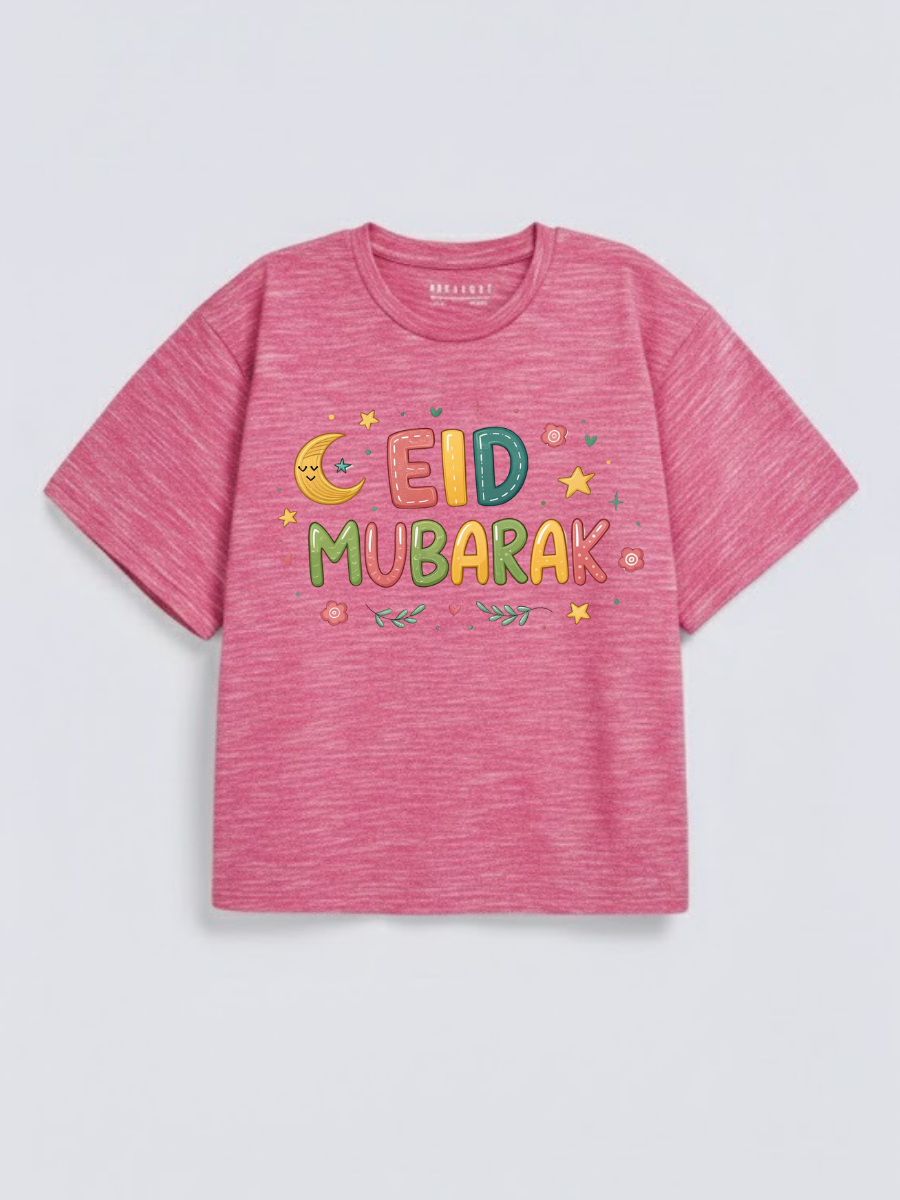 Girls Eid Mubarak Colorful Moon Graphic Down Shoulder T-shirt for Eid Celebration