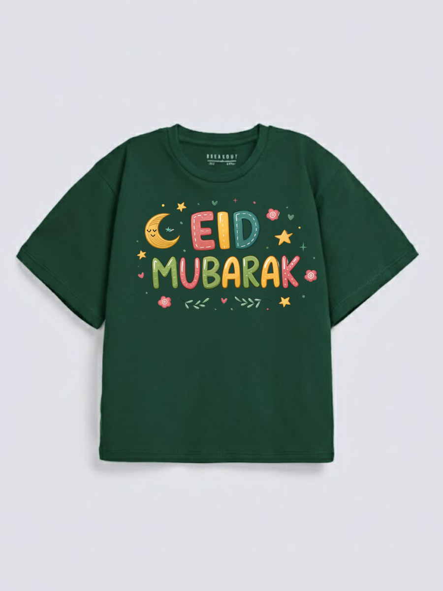 Girls Eid Mubarak Colorful Moon Graphic Down Shoulder T-shirt for Eid Celebration
