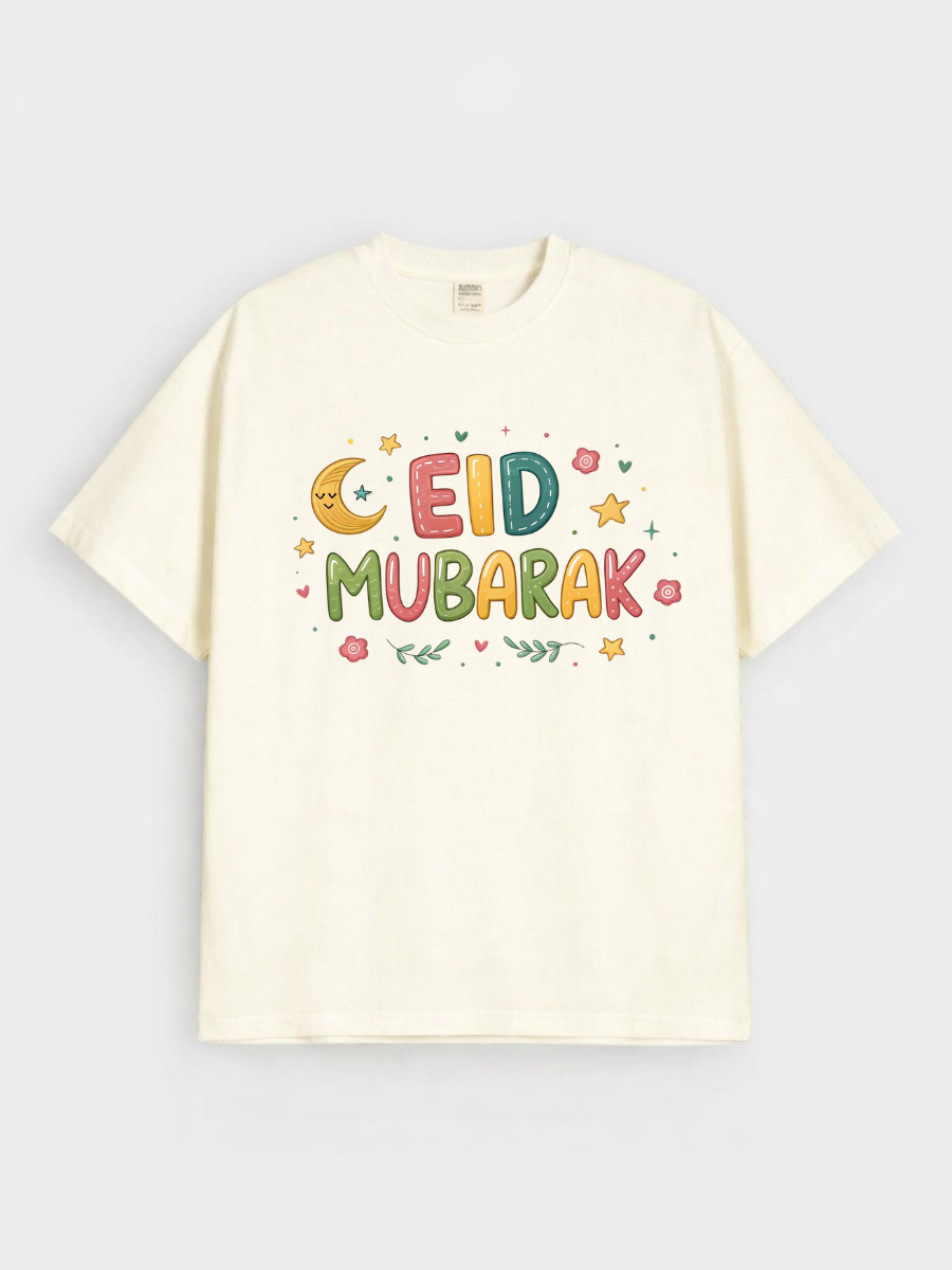 Girls Eid Mubarak Colorful Moon Graphic Down Shoulder T-shirt for Eid Celebration