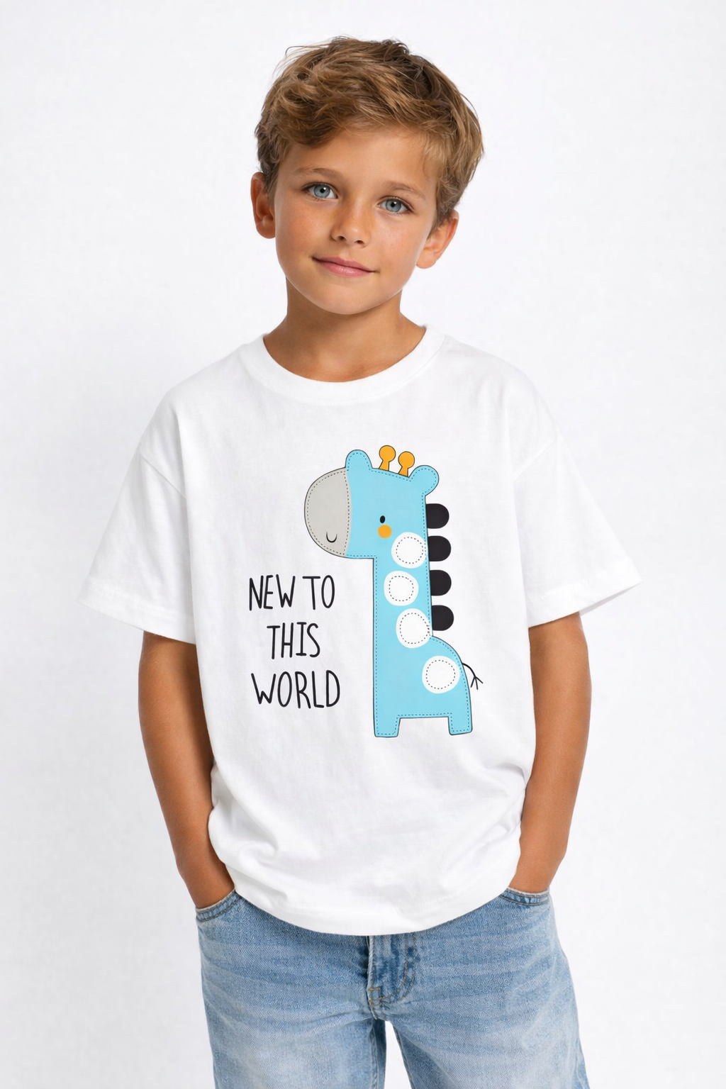 Boys Cute Giraffe Print White Down Shoulder T-shirt