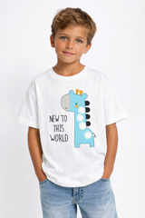 Boys Cute Giraffe Print White Down Shoulder T-shirt