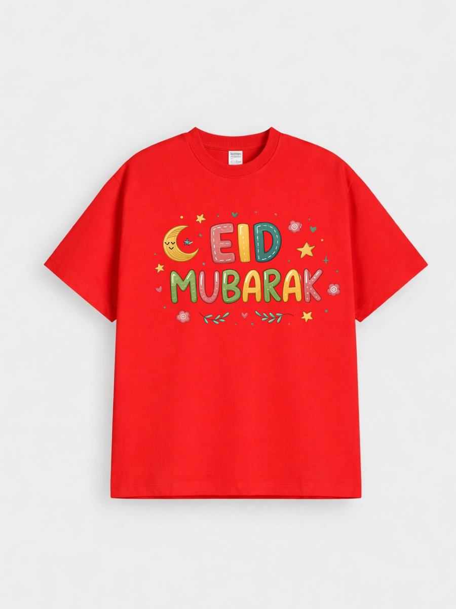 Girls Eid Mubarak Colorful Moon Graphic Down Shoulder T-shirt for Eid Celebration