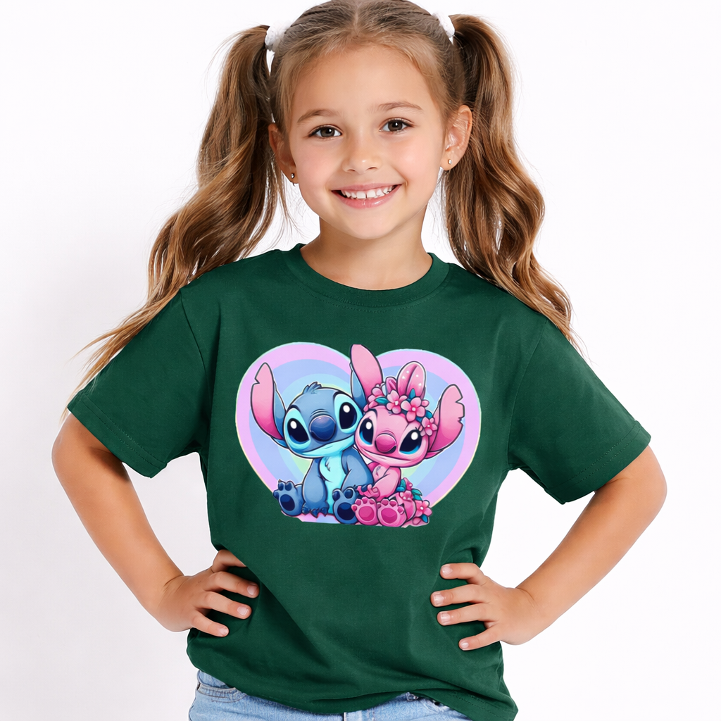 Girls Cute Stitch Couple Print Green Down Shoulder T-shirt