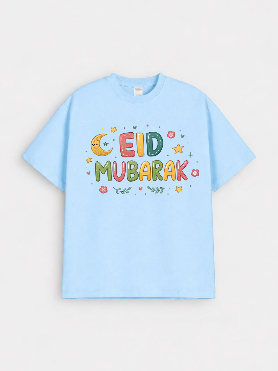 Girls Eid Mubarak Colorful Moon Graphic Down Shoulder T-shirt for Eid Celebration