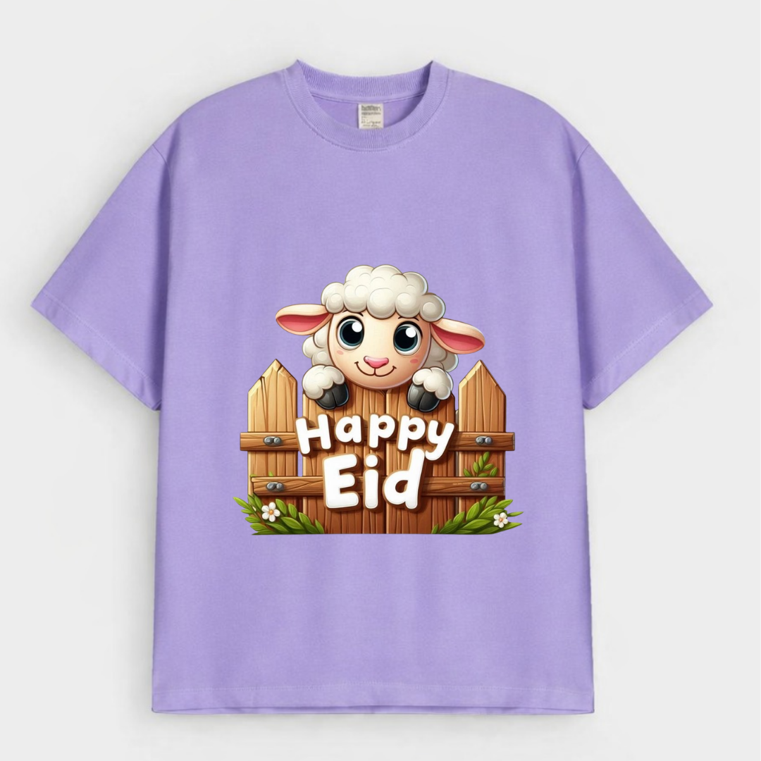 "Happy Eid" Peeking Lamb Graphic Drop-Shoulder T-Shirt (Eid Edit)