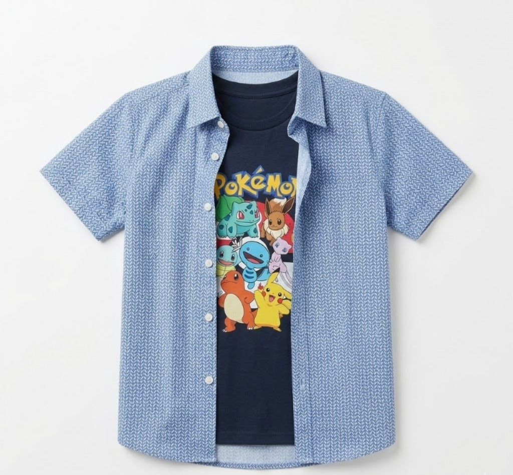 Boys Blue Pokémon Cartoon Double Casual Shirt