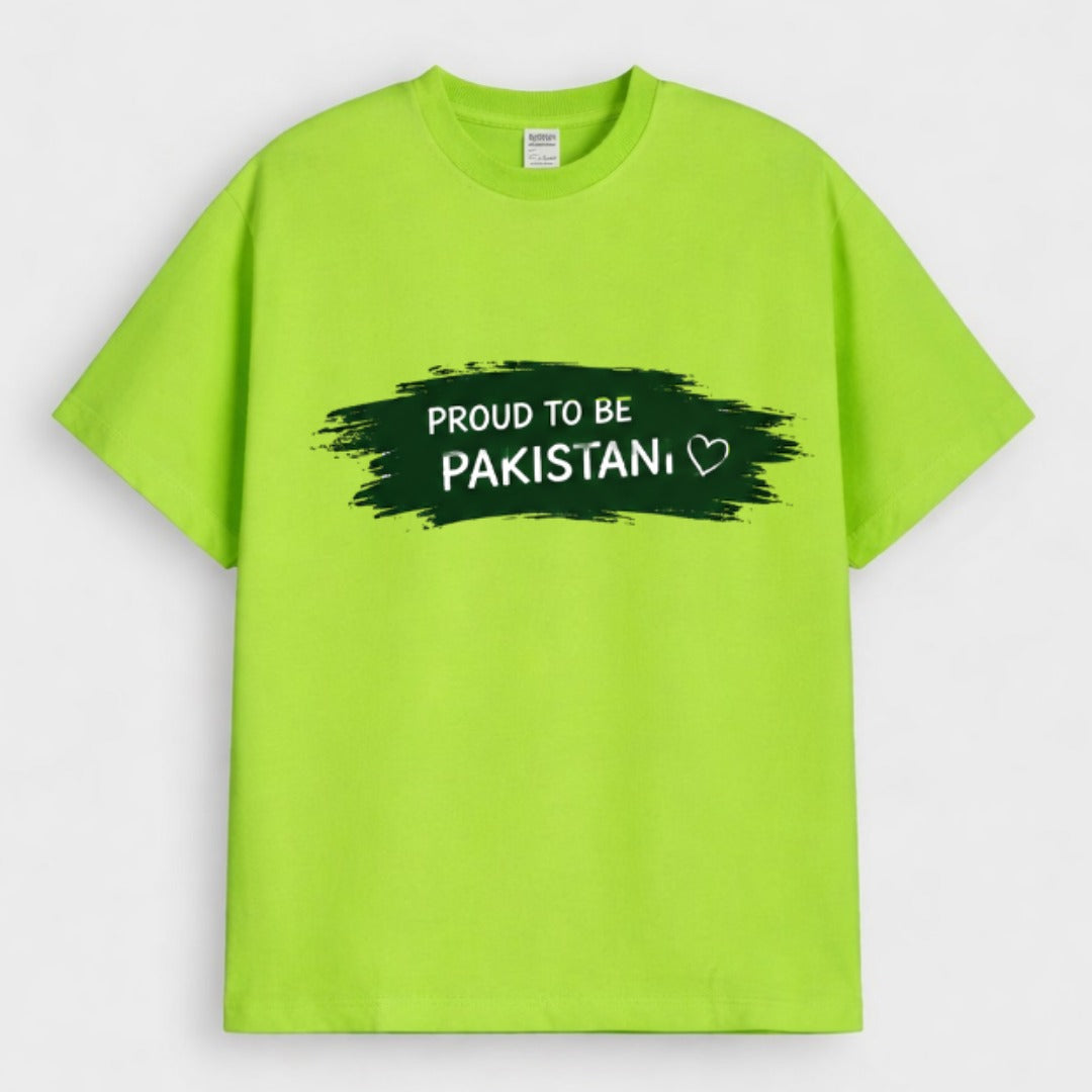 Lime Green Proud To Be Pakistani Heart Design Downshoulder T-Shirt (AZADI)