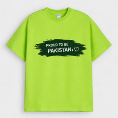 Lime Green Proud To Be Pakistani Heart Design Downshoulder T-Shirt (AZADI)