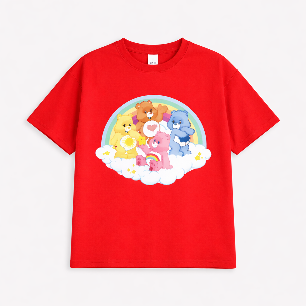 Girls Care Bears Cartoon Red Down Shoulder T-shirt