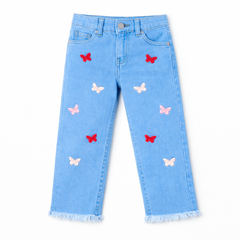 Girls Blue Butterfly embroided Denim Pant