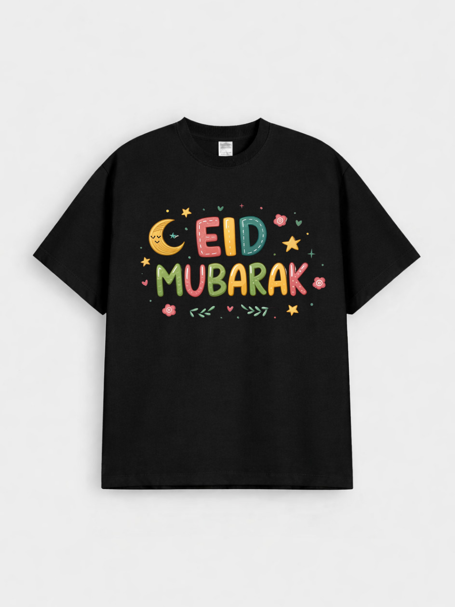 Girls Eid Mubarak Colorful Moon Graphic Down Shoulder T-shirt for Eid Celebration