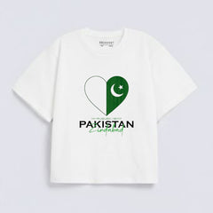White Pakistan Heart Graphic Design Downshoulder T-Shirt (AZADI)