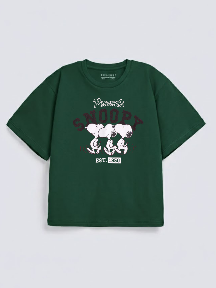 Boys Snoopy Peanuts Green Down Shoulder T-shirt
