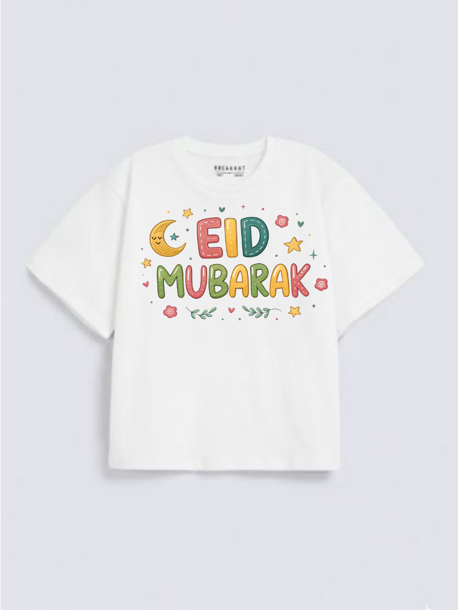Girls Eid Mubarak Colorful Moon Graphic Down Shoulder T-shirt for Eid Celebration