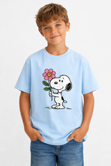 Girls Snoopy Flower Print Blue Down Shoulder T-shirt