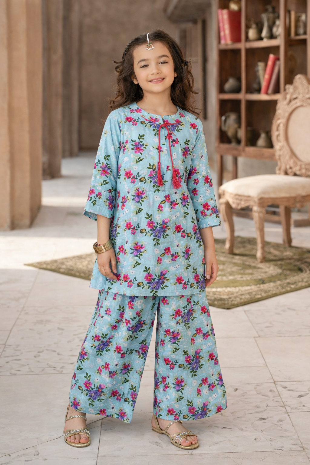 Girls Blue Flower Print shalwar kameez (Summer)