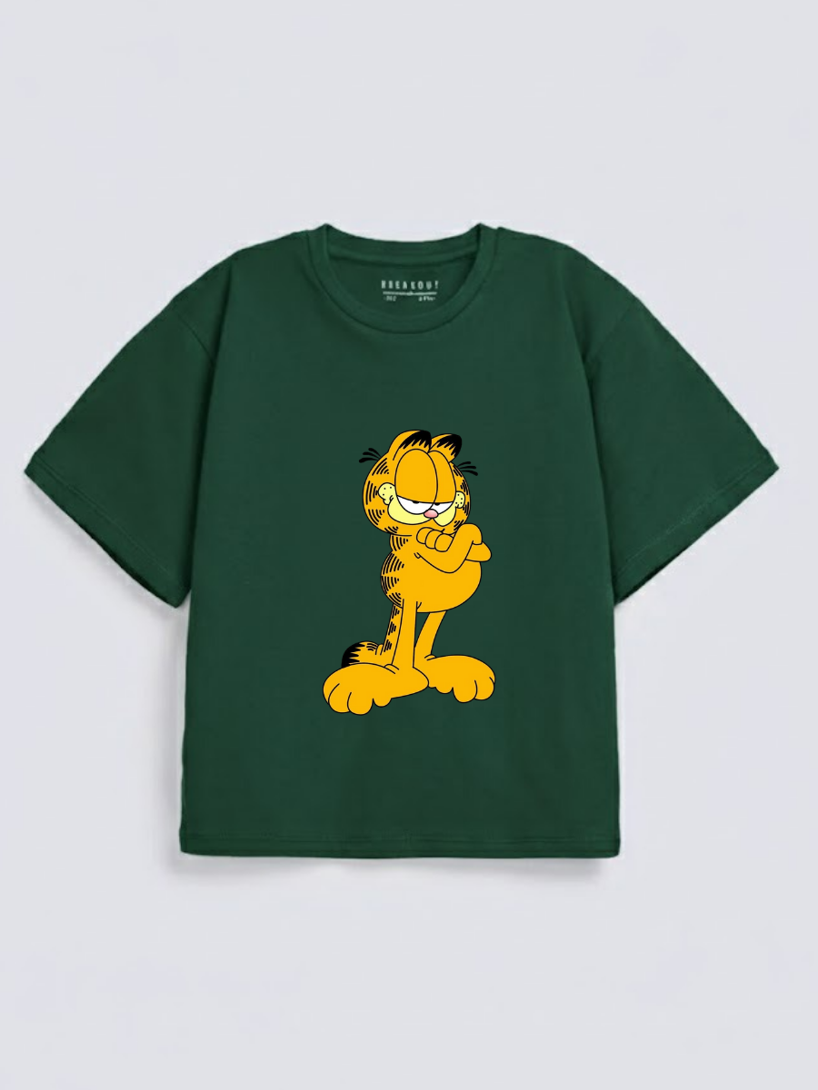 Boys Garfield Green Down Shoulder T-shirt