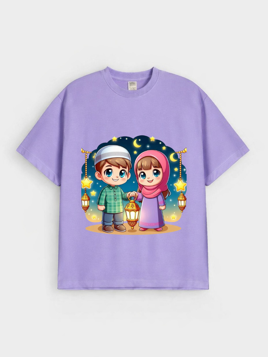 Boys & Girls Eid Lantern Kids Night Graphic Down Shoulder T-shirt for Eid Celebration