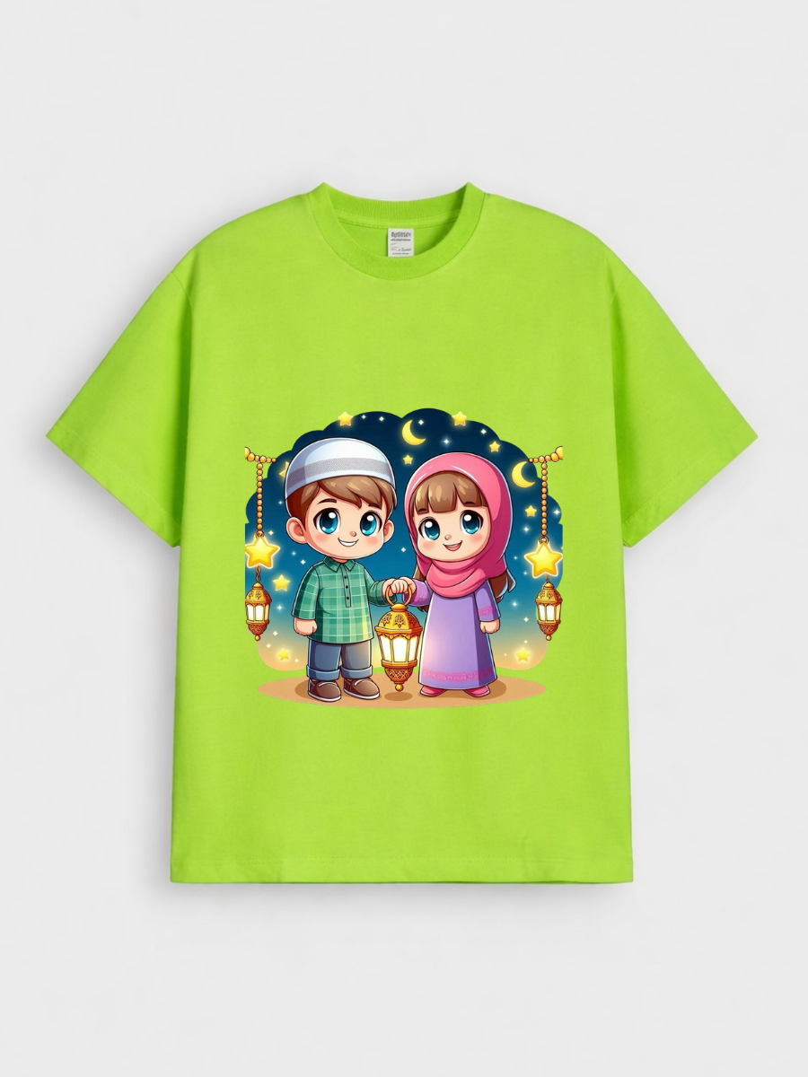 Boys & Girls Eid Lantern Kids Night Graphic Down Shoulder T-shirt for Eid Celebration