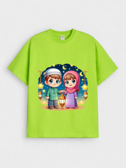 Boys & Girls Eid Lantern Kids Night Graphic Down Shoulder T-shirt for Eid Celebration