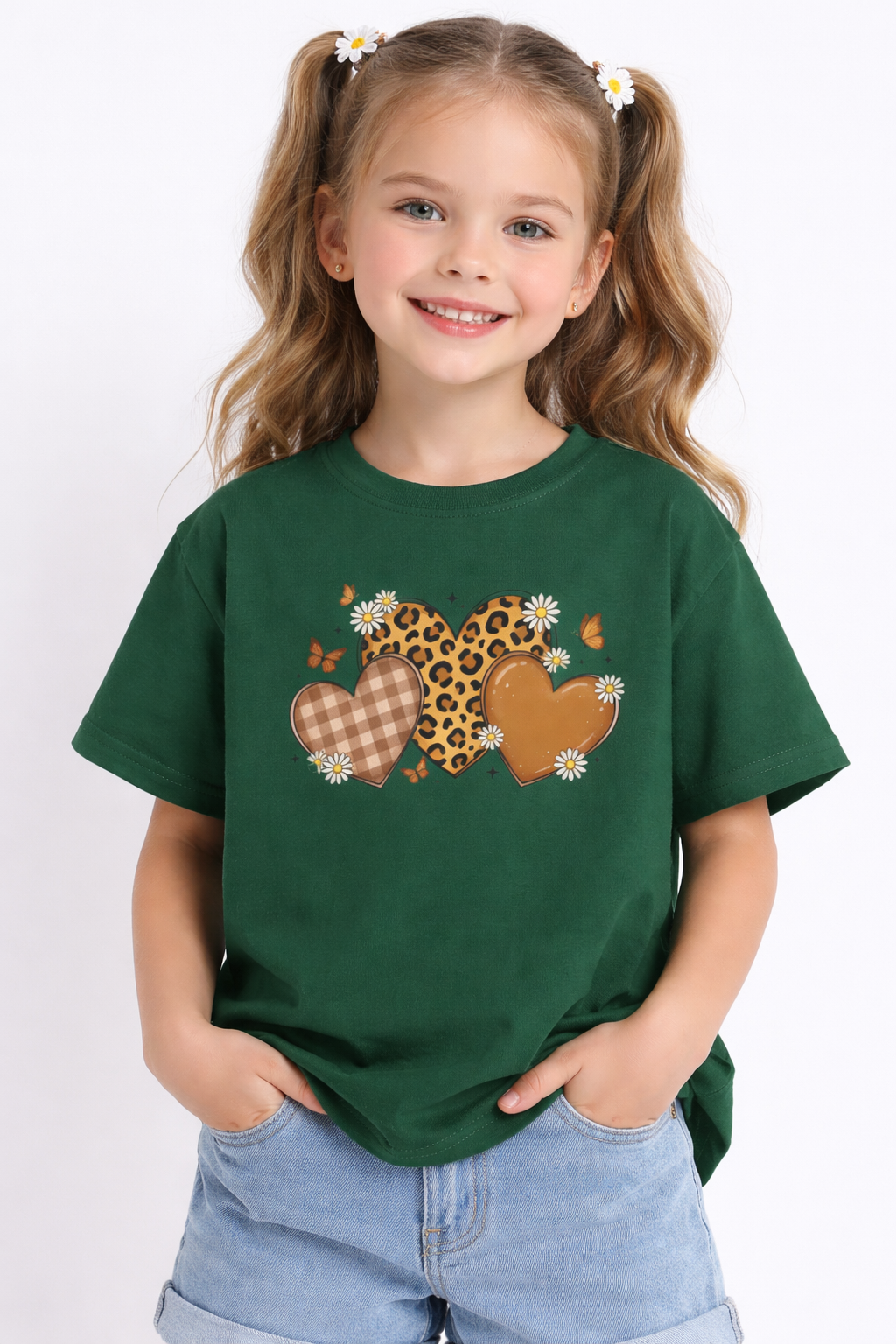 Girls Leopard Heart Green Down Shoulder T-shirt
