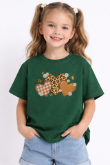 Girls Leopard Heart Green Down Shoulder T-shirt