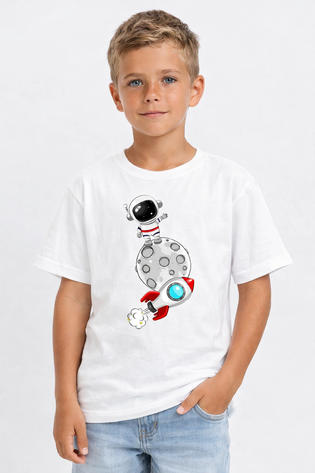 Boys Astronaut Rocket Print White Down Shoulder T-shirt