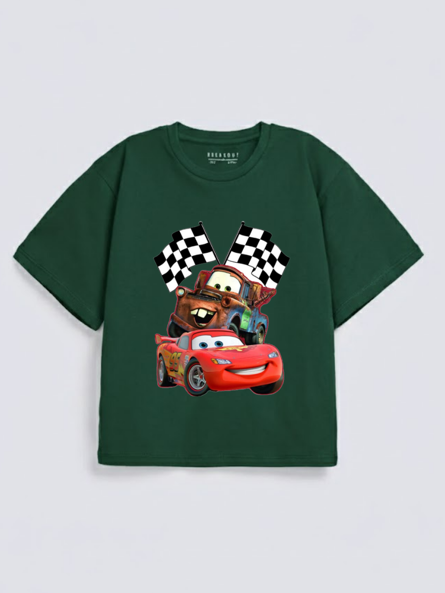 Boys Cars Racing Green Down Shoulder T-shirt