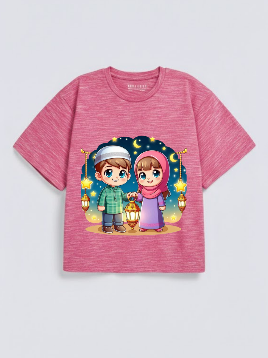 Boys & Girls Eid Lantern Kids Night Graphic Down Shoulder T-shirt for Eid Celebration