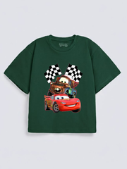 Boys Cars Racing Green Down Shoulder T-shirt