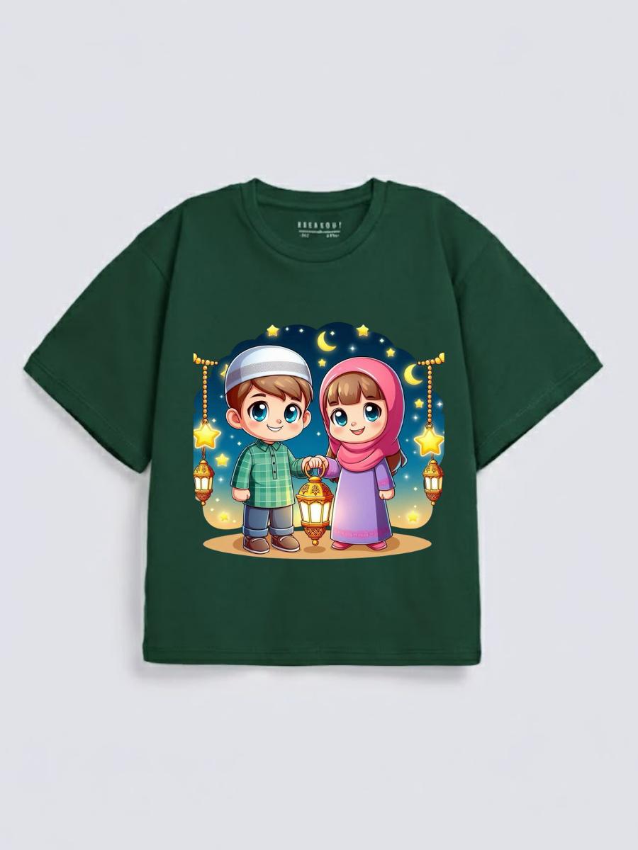 Boys & Girls Eid Lantern Kids Night Graphic Down Shoulder T-shirt for Eid Celebration