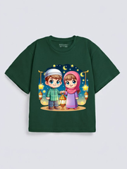 Boys & Girls Eid Lantern Kids Night Graphic Down Shoulder T-shirt for Eid Celebration