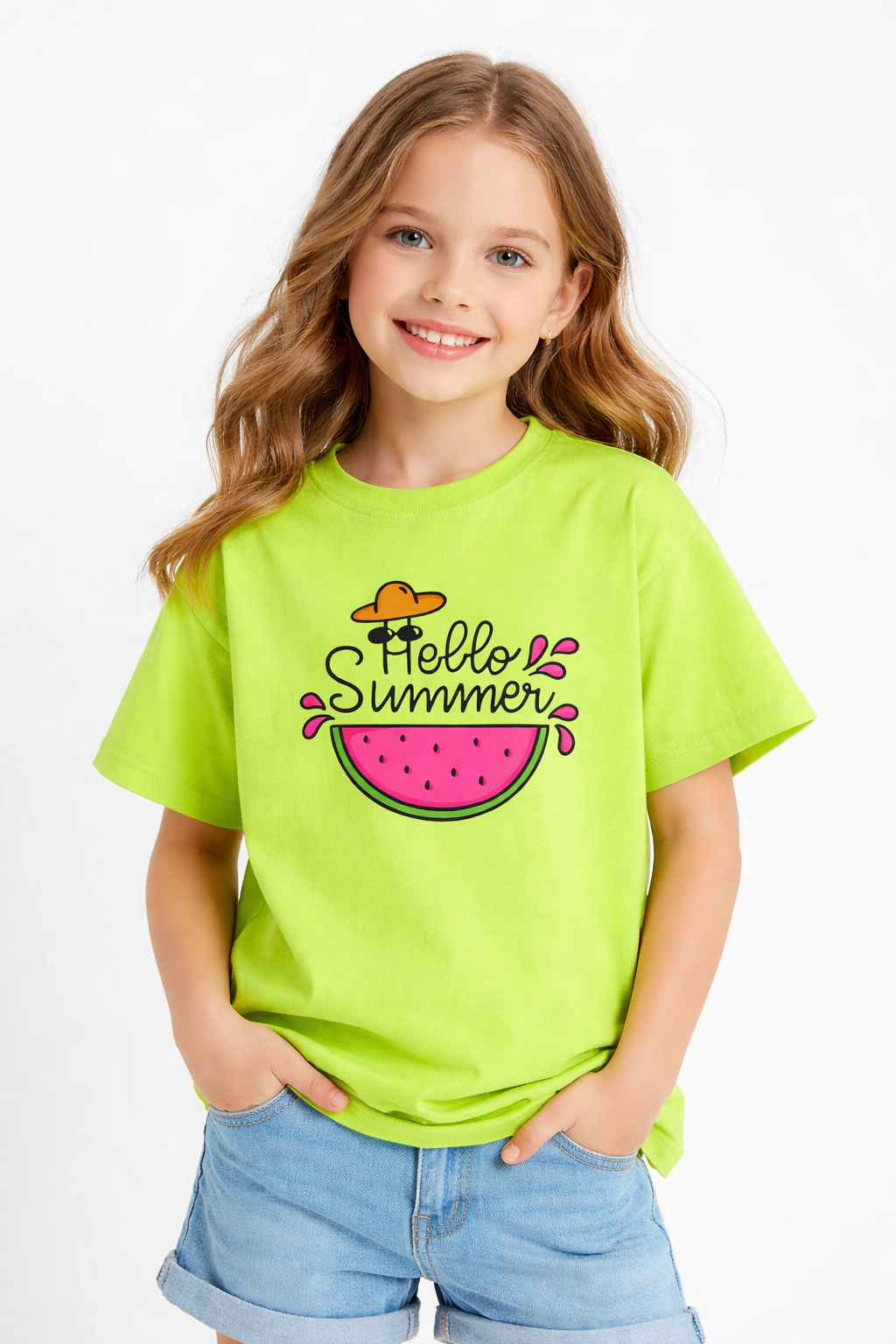 Girls Hello Summer Watermelon Print Green Down Shoulder T-shirt