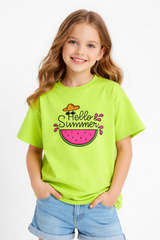 Girls Hello Summer Watermelon Print Green Down Shoulder T-shirt