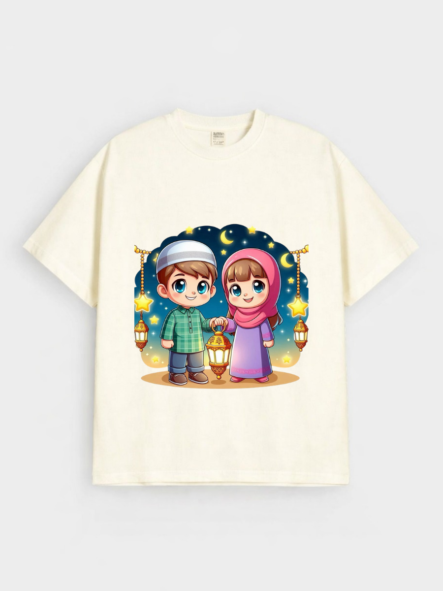 Boys & Girls Eid Lantern Kids Night Graphic Down Shoulder T-shirt for Eid Celebration