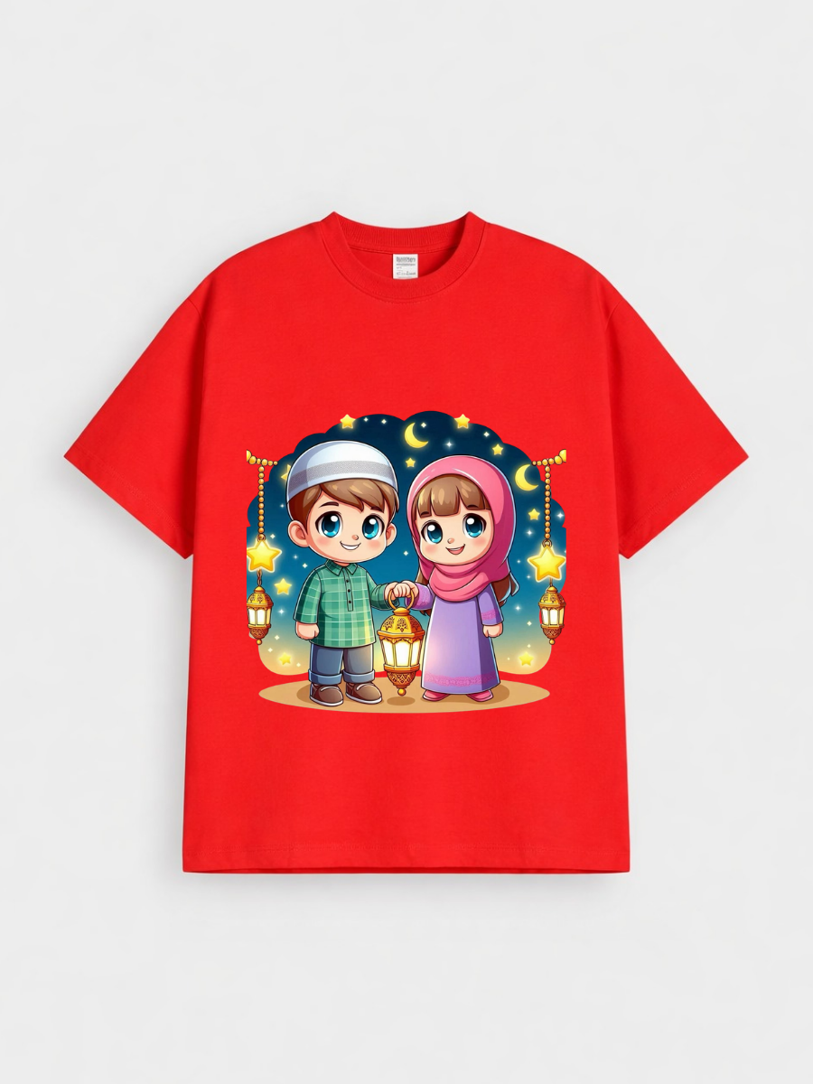 Boys & Girls Eid Lantern Kids Night Graphic Down Shoulder T-shirt for Eid Celebration