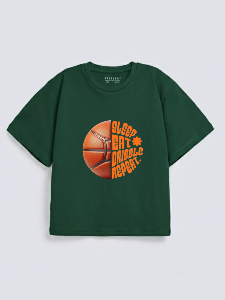 Boys Sleep Eat Dribble Basketball Green Down Shoulder T-shirt
