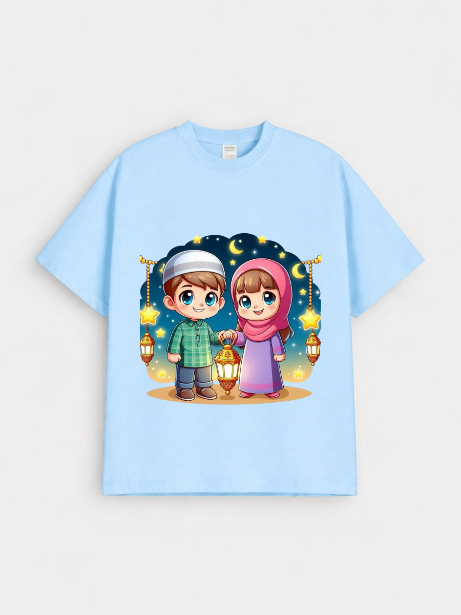 Boys & Girls Eid Lantern Kids Night Graphic Down Shoulder T-shirt for Eid Celebration