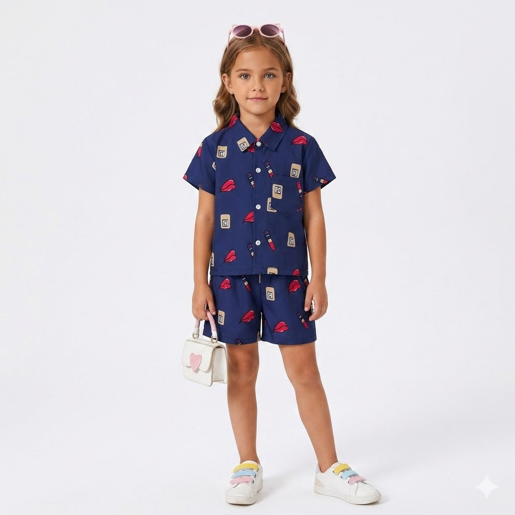 Girls Navy Blue Lipstick Print Tracksuit (Summer)