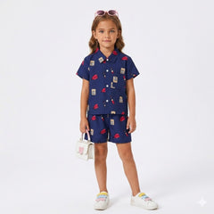 Girls Navy Blue Lipstick Print Tracksuit (Summer)