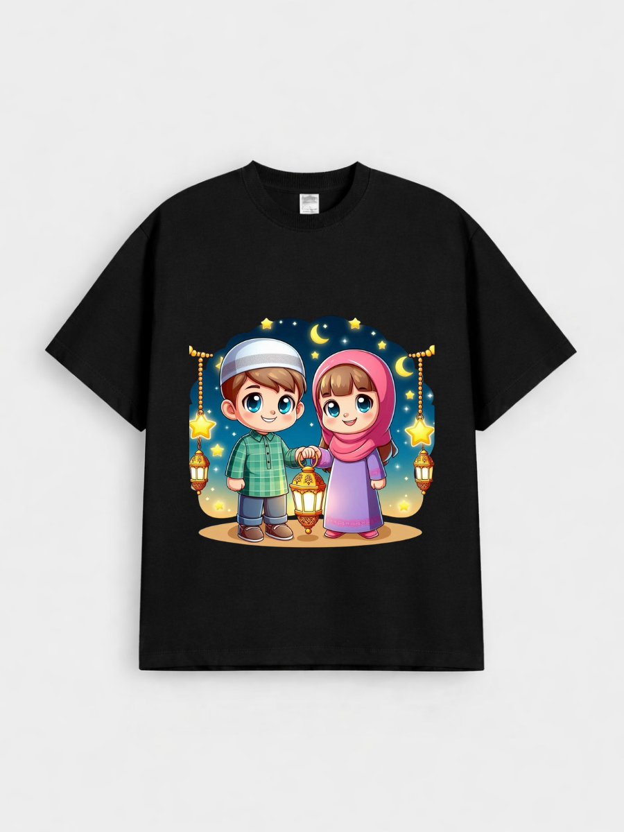 Boys & Girls Eid Lantern Kids Night Graphic Down Shoulder T-shirt for Eid Celebration