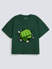 Boys Hulk Fist Green Down Shoulder T-shirt