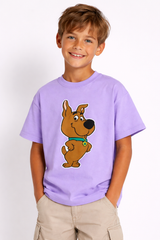 Boys Cartoon Dog Print Purple Down Shoulder T-shirt